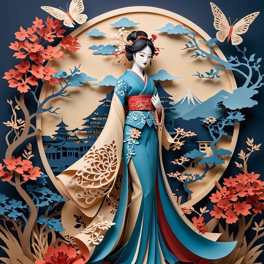 Intricate 3D Paper Cut Geisha and Landscape