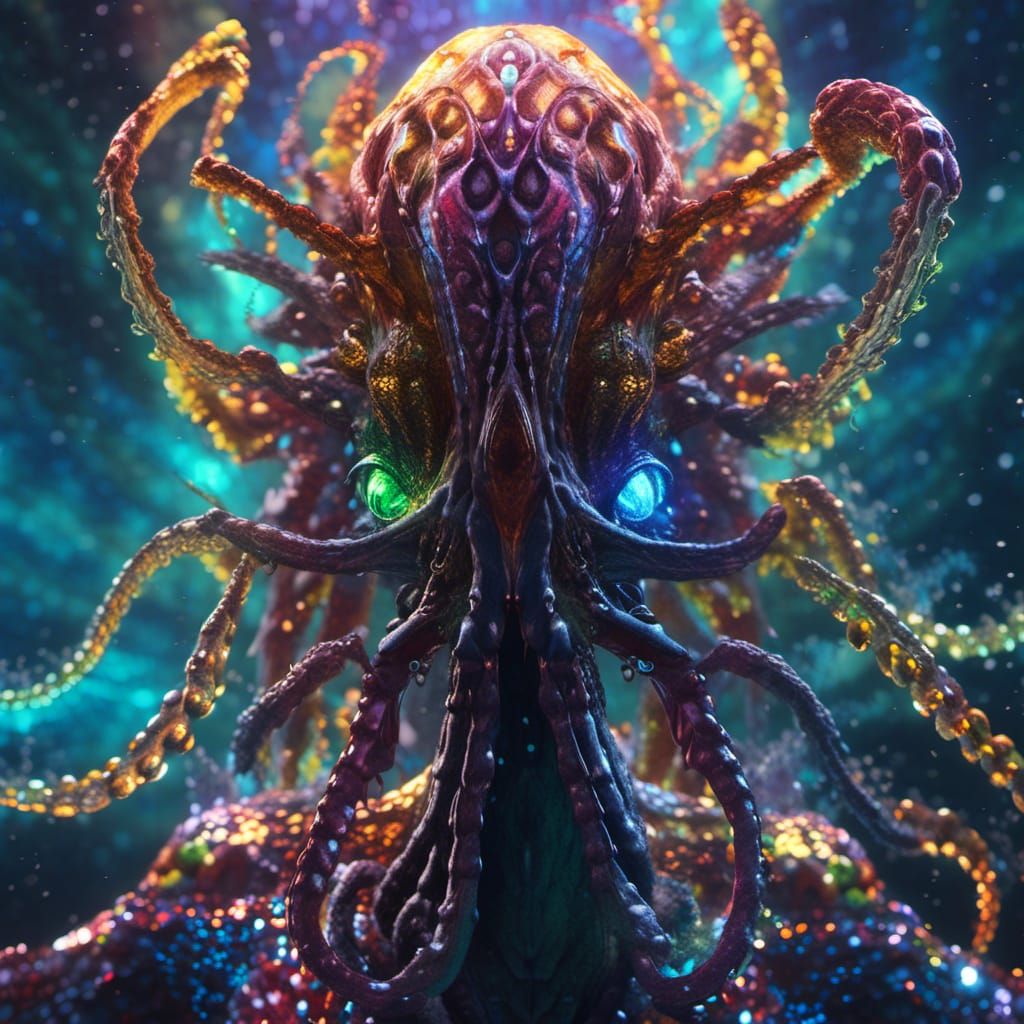 Handsome Kraken-Human Hybrid in Bioluminescent Ocean