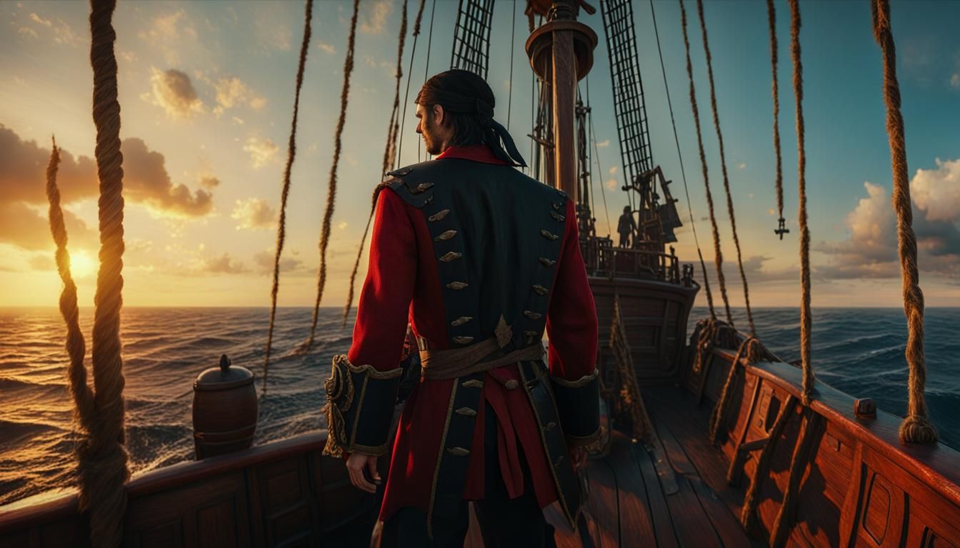 Young Pirate at Sunset on Ship, Cinematic Still
