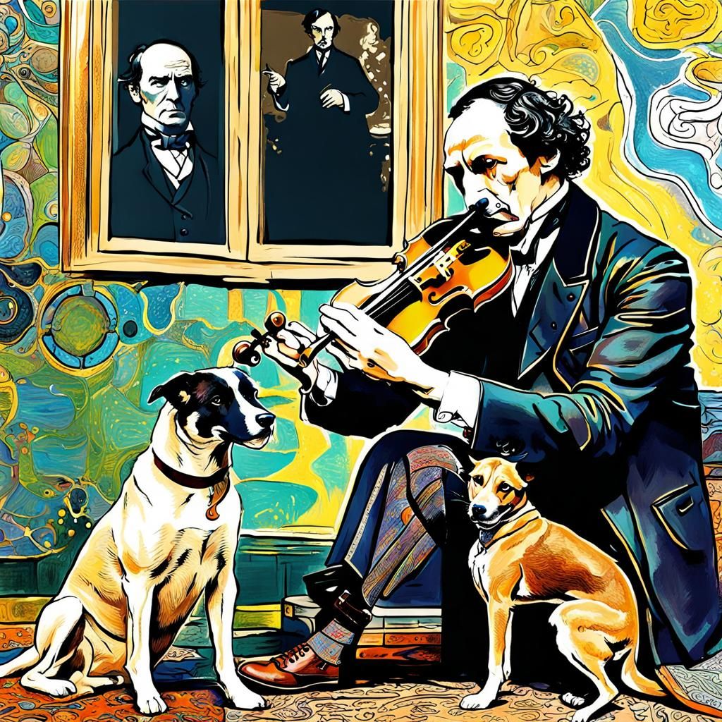 Sherlock Holmes Plays Violin for Hound, Surreal Art