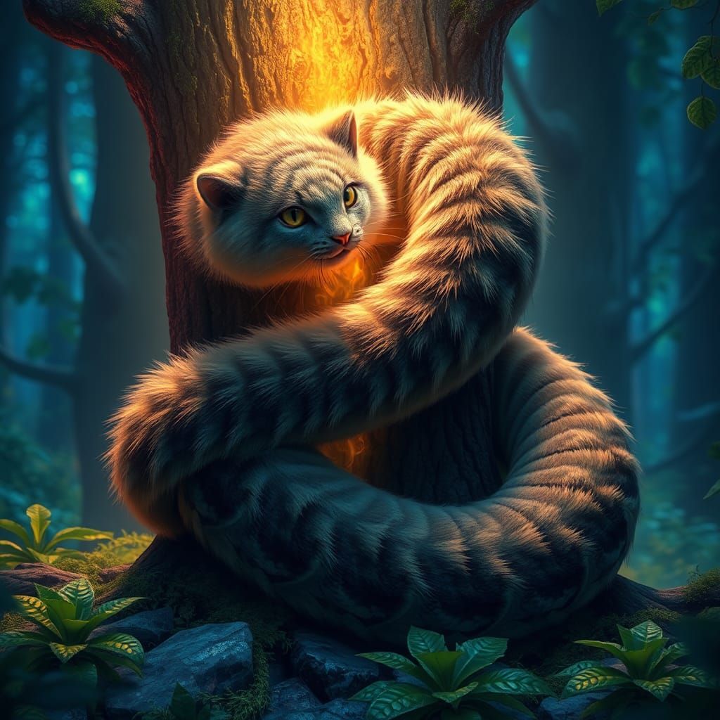 Mystical Cat-Snake in Enchanted Forest, Unreal Engine 5