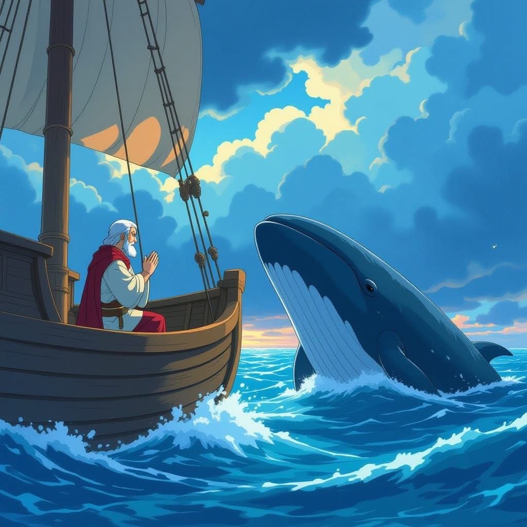 Man Praying on Ship Amidst Stormy Sea with Whale