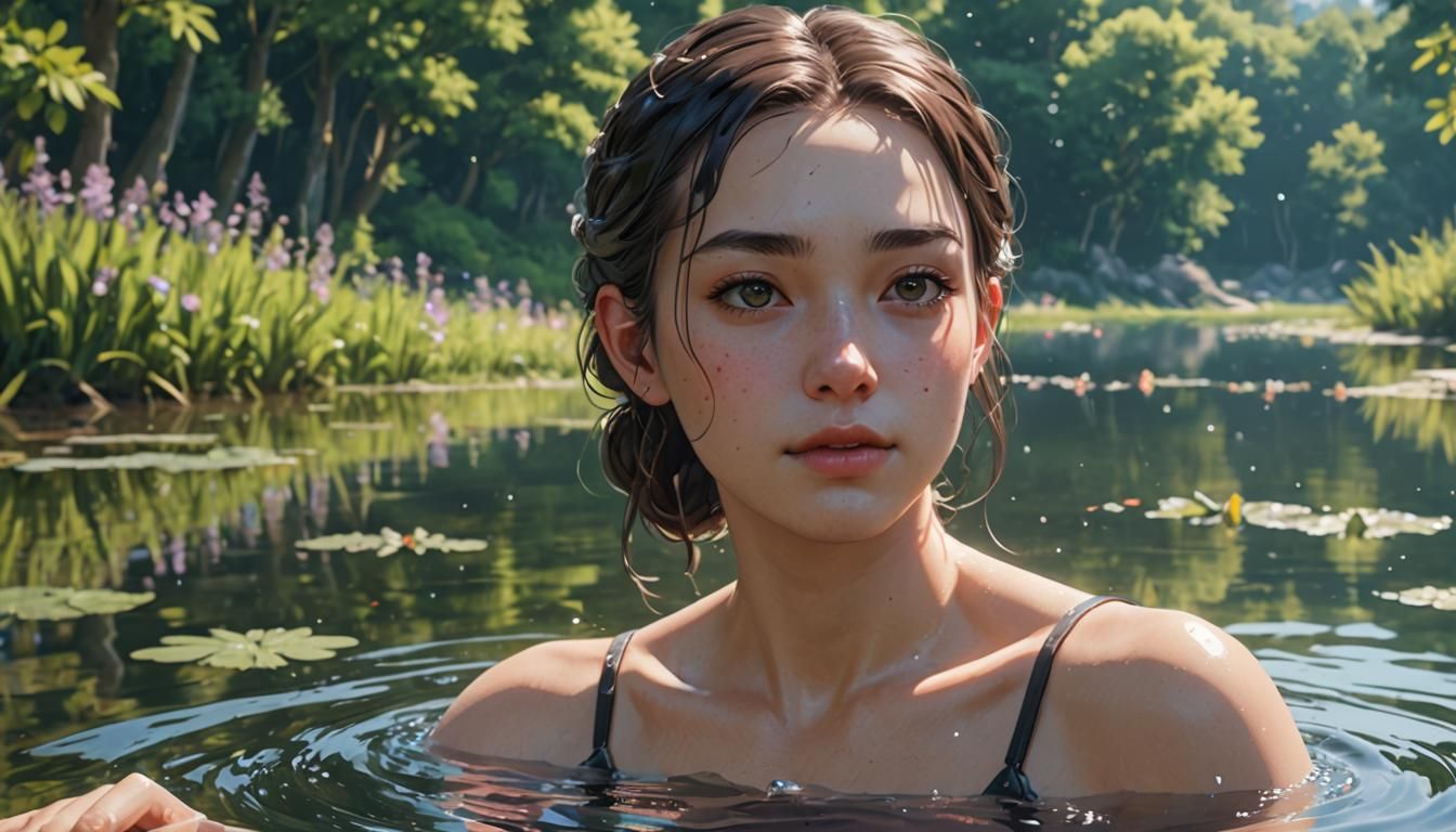 Young Woman Bathing in Lake: 3D Anime Art