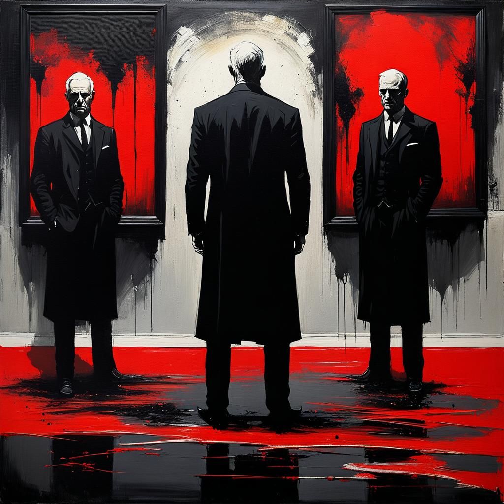 Figure Confronts Evil Twin in Dystopian Oil Painting