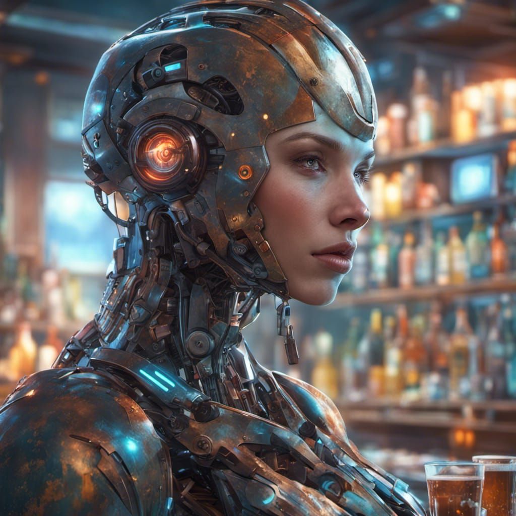 Robot Bartender Portrait in Hyperdetailed Style