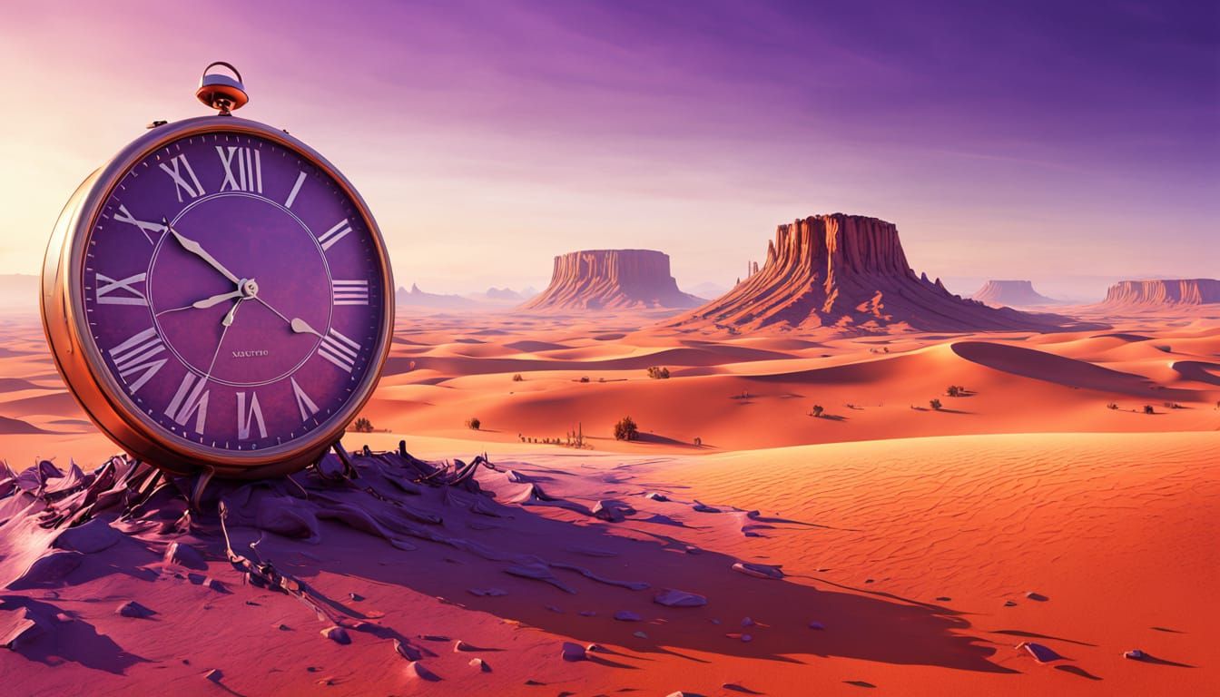 Surreal Melting Clock Over Desert Landscape at Golden Hour