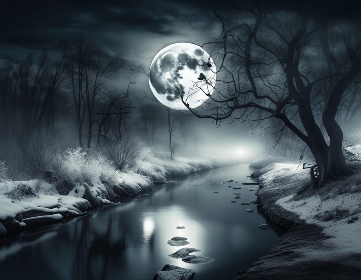 Ghostly Full Moon Over Icy Winter River