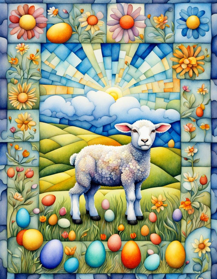 Cubist Easter Scene with Watercolor Patchwork Details