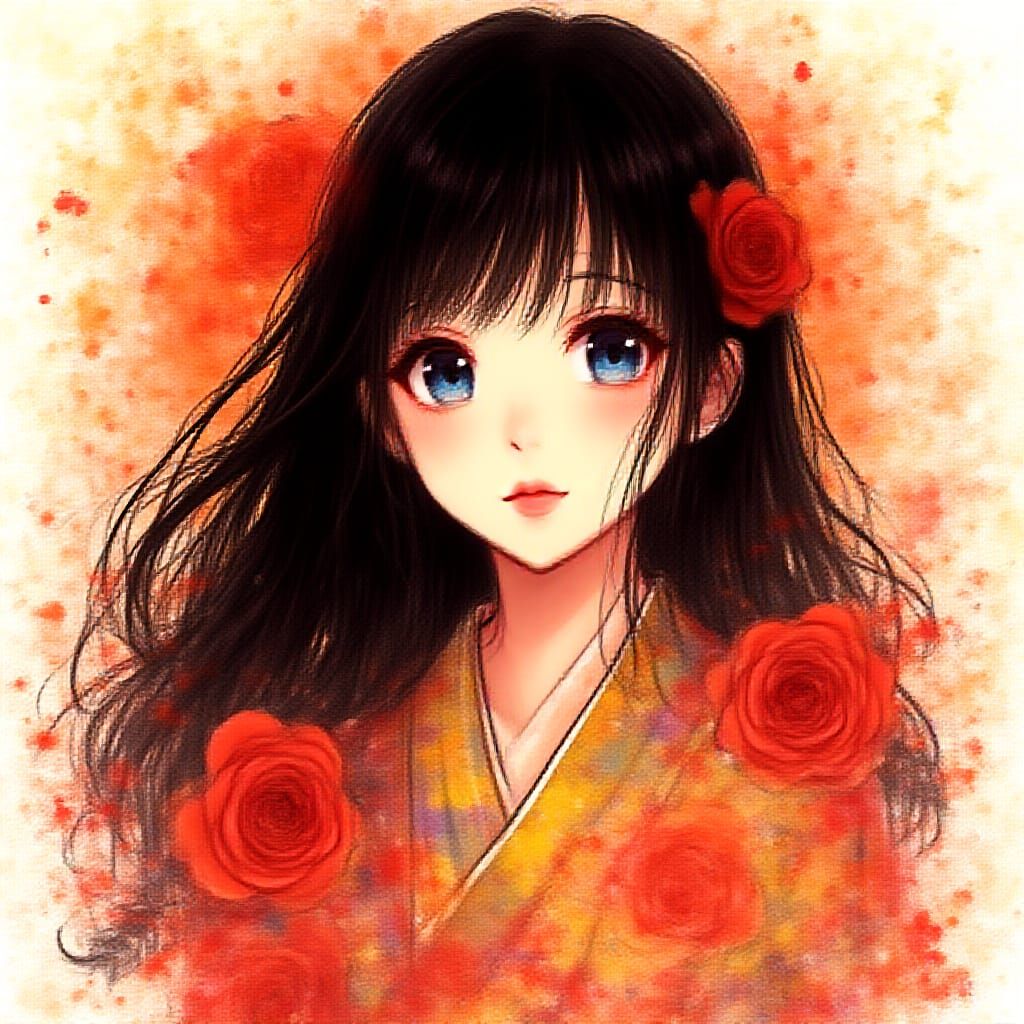 Anime-Inspired Portrait of a Beautiful Young Woman in Tradit...
