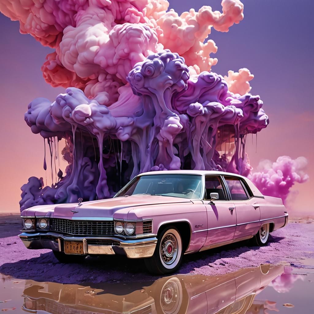 Surreal Melting Cadillac in Dream Landscape