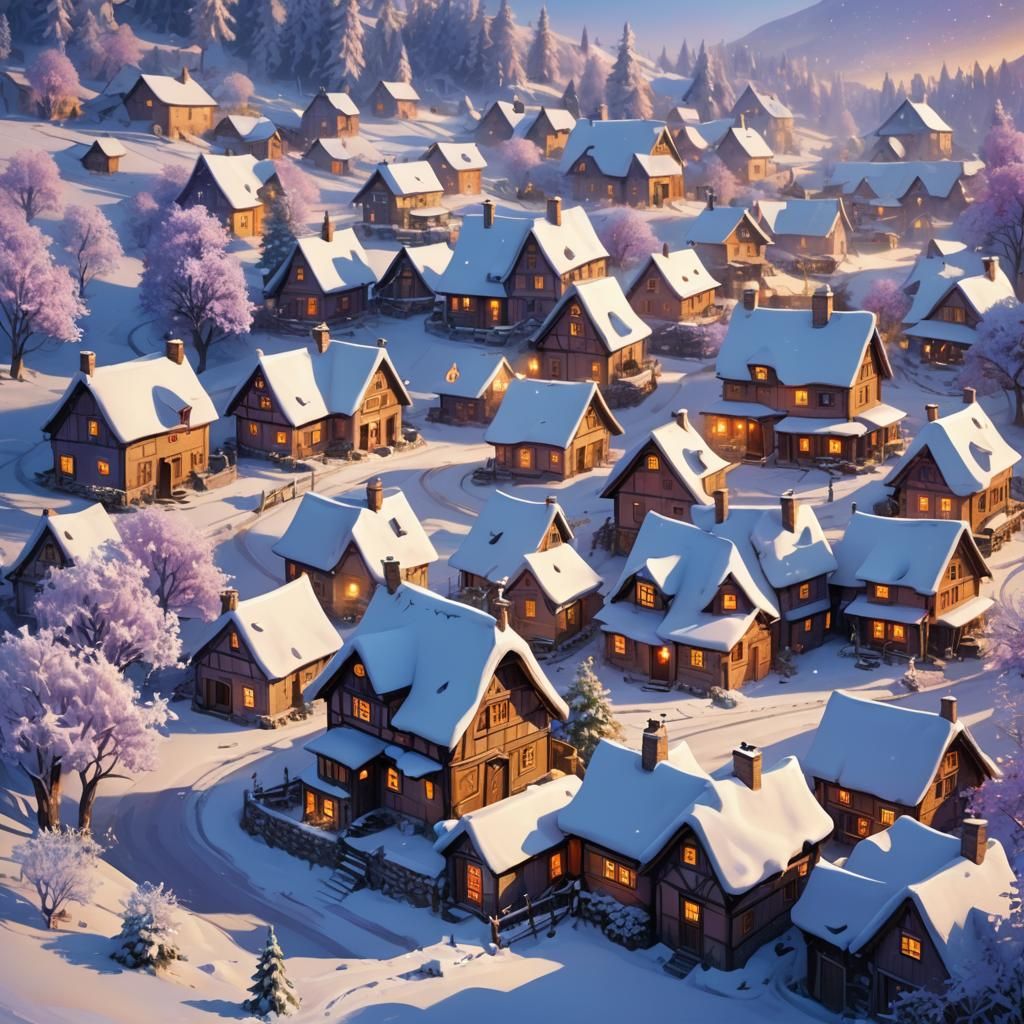 Snowy Village in Winter Wonderland: Fantasy Concept Art