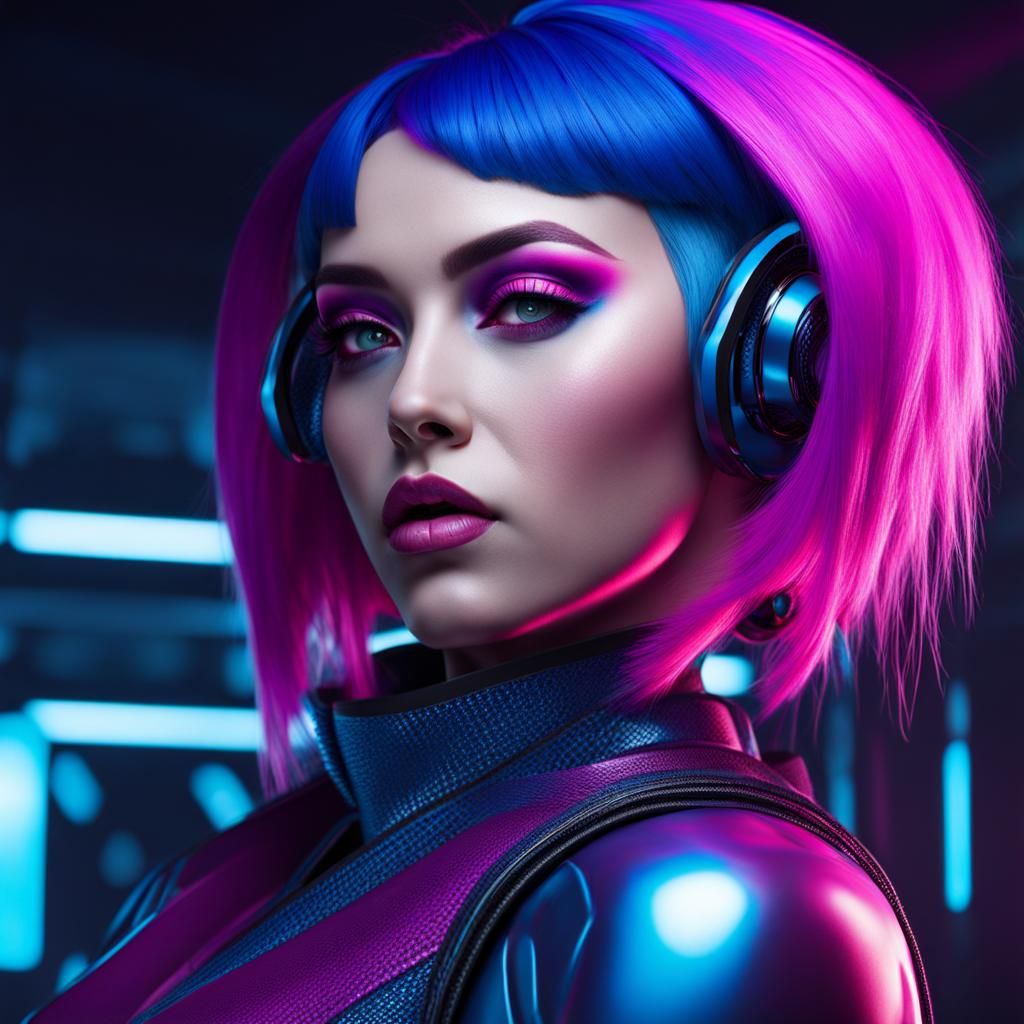 Futuristic Woman with Magenta Eyes and Blue Hair