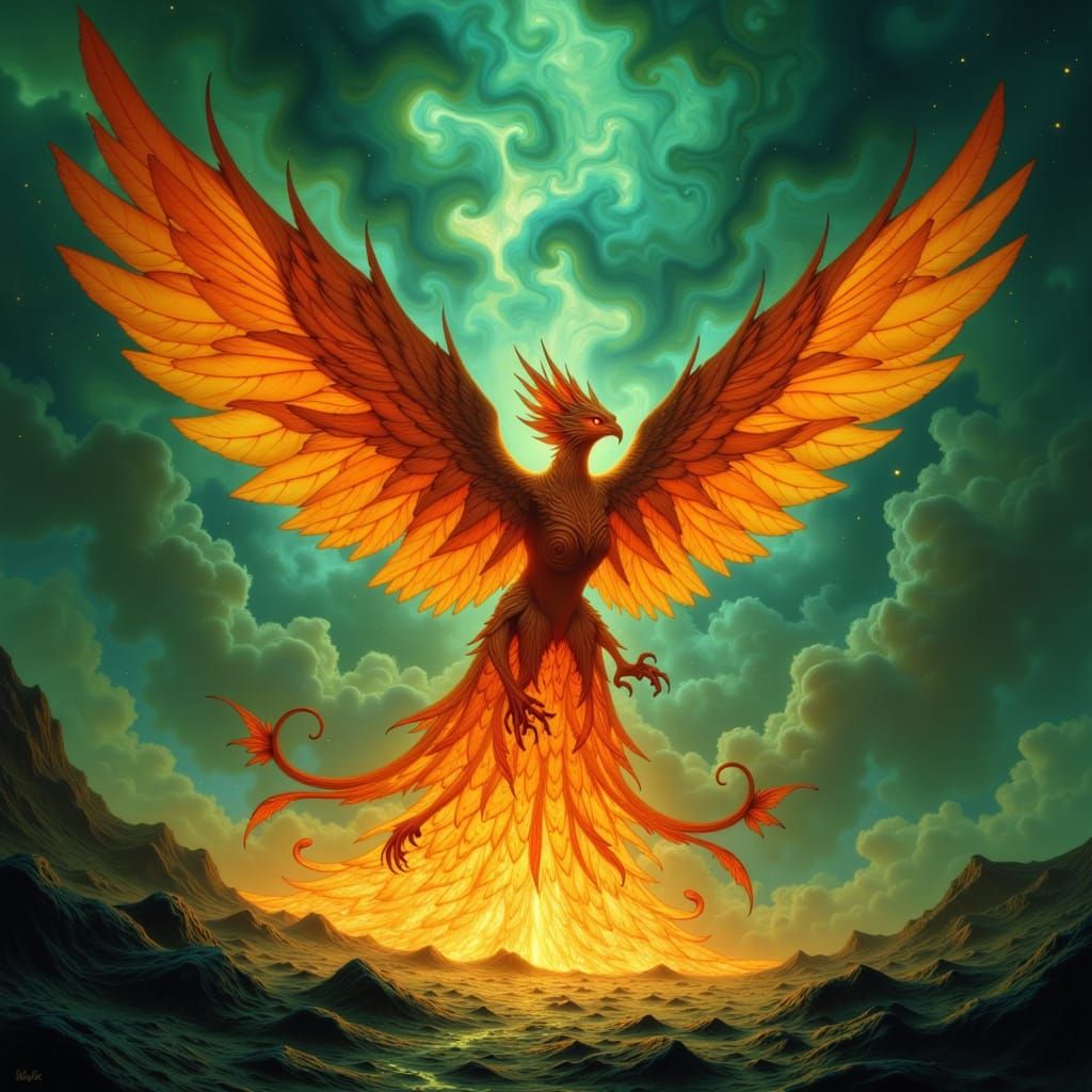 Golden Phoenix Erupts from Obsidian Landscape