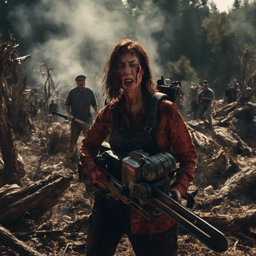 Angry Woman with Chainsaw in Hyperrealistic Style