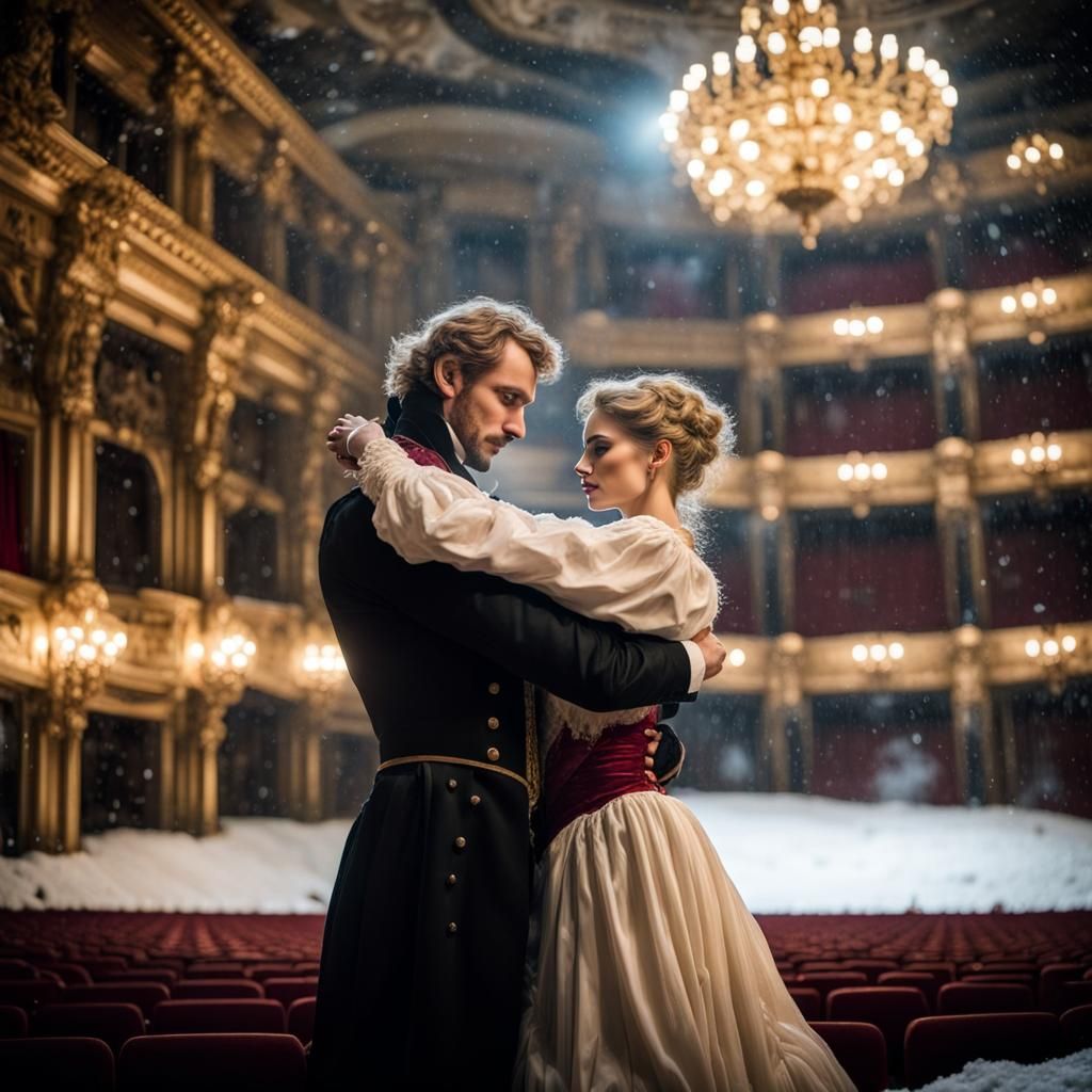 Opera Stage Embrace Under Snowy Night