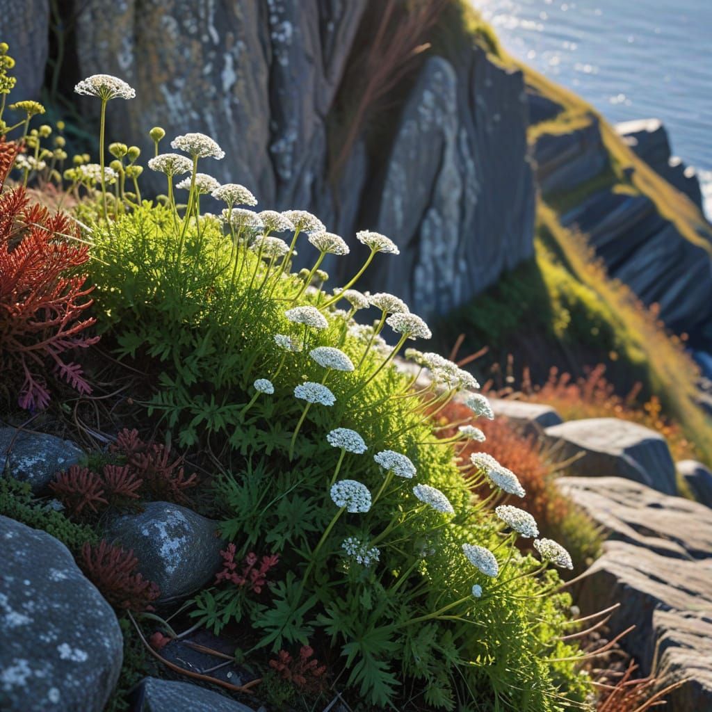 Whimsical Linocut Umbelliferous Plants Thrive on Cliffside