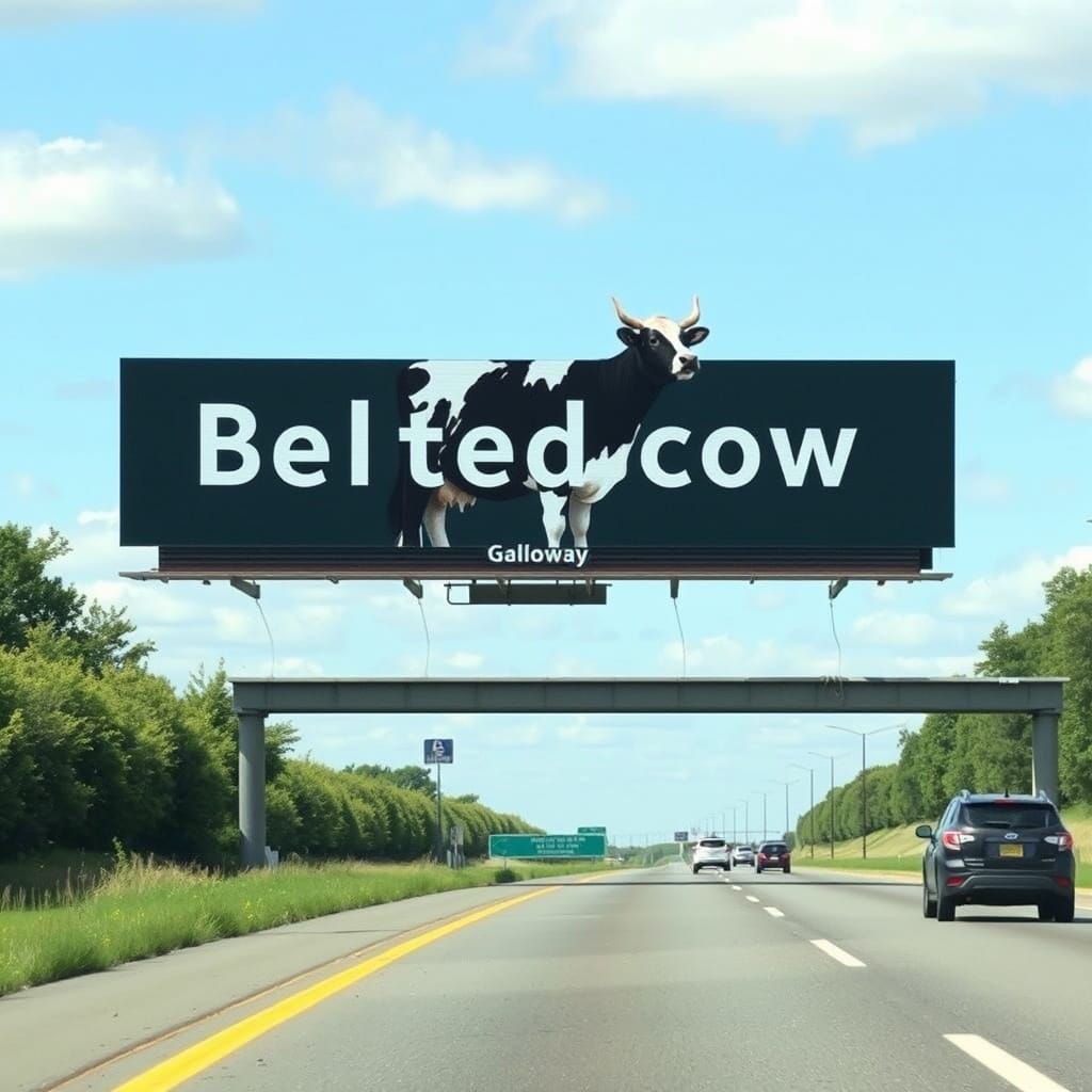A Billboard by the Highway Features a Belted Galloway Cow