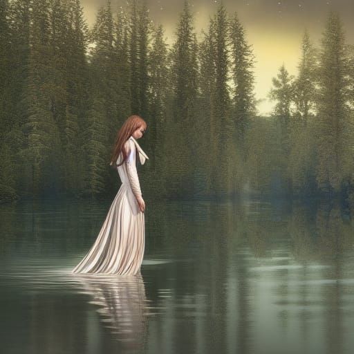 Majestic Girl's Lakeside Reflection: A Digital Illustration