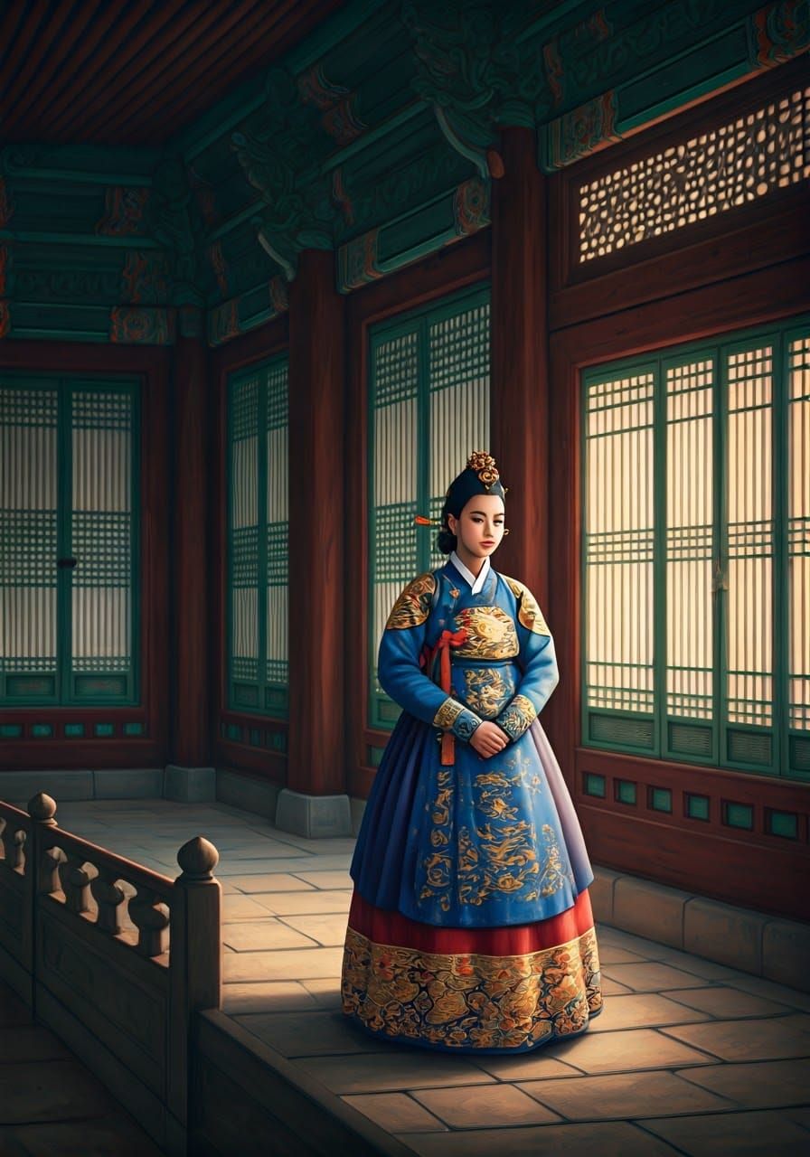 Surreal Joseon Palace Scene in Oil Painting Style