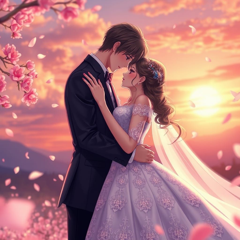 Romantic Wedding Couple in Anime Style