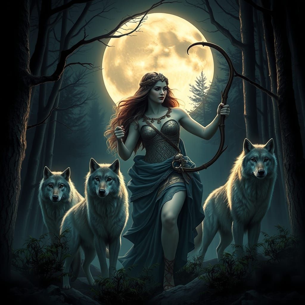 Diana, Goddess of the Hunt, in Moonlight