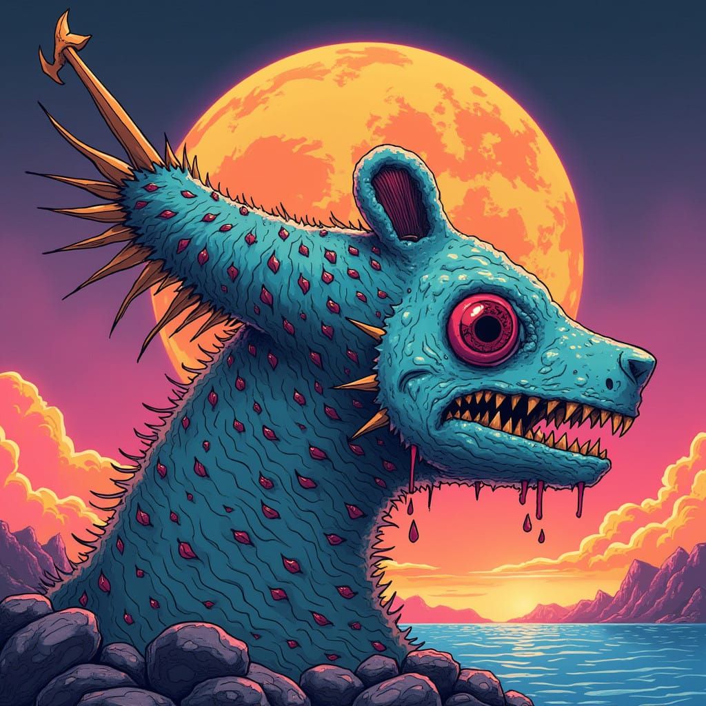 an evil jagged sword head, swordfish creature, in a moonscape sharp, many sizes, fishhooks, panda bears, one giant eyebu...