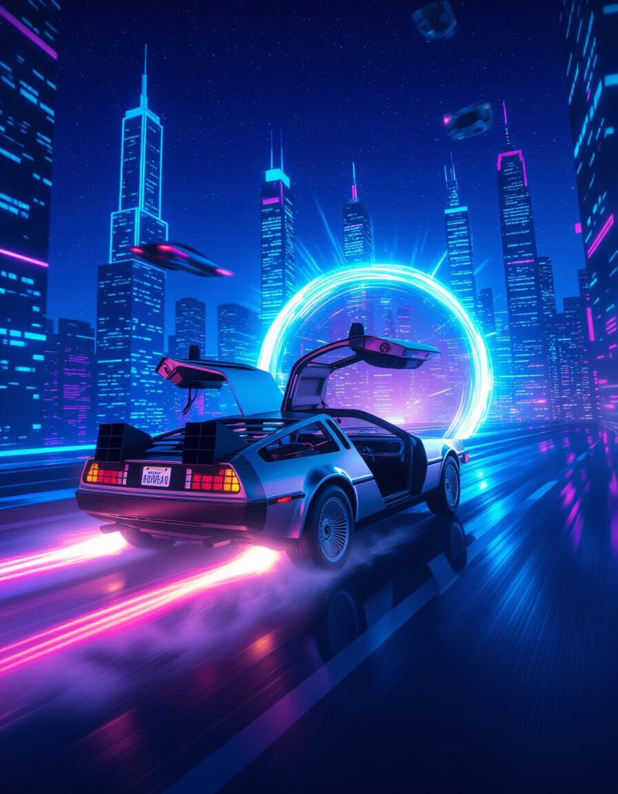 DeLorean Soars Through Futuristic Sky Towards Portal