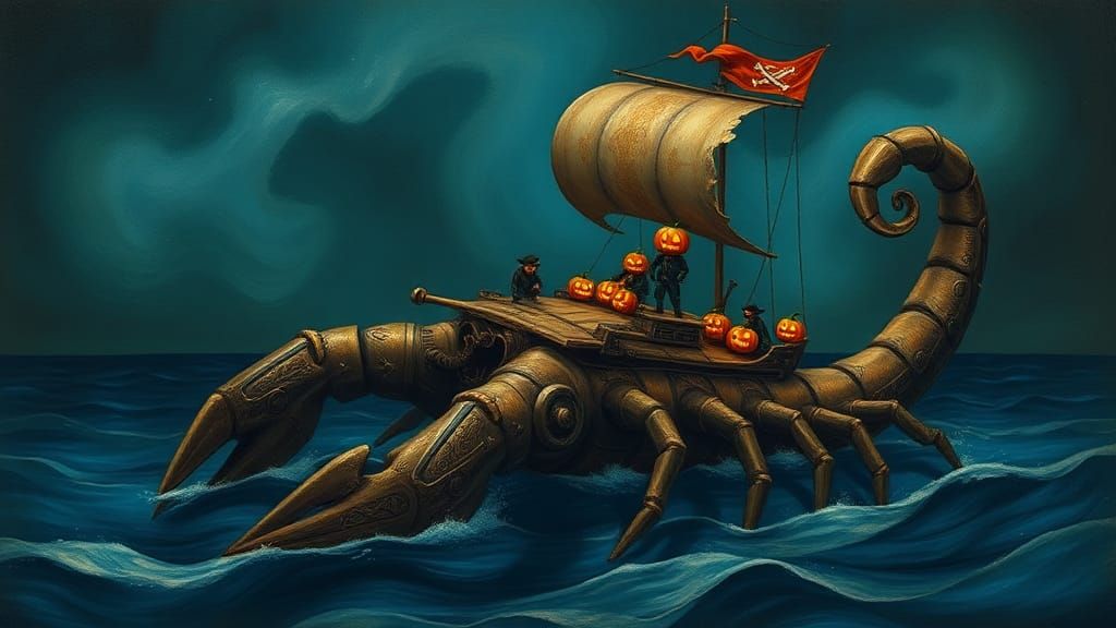 Mystical Scorpion Ship Sailing in Surreal Waters