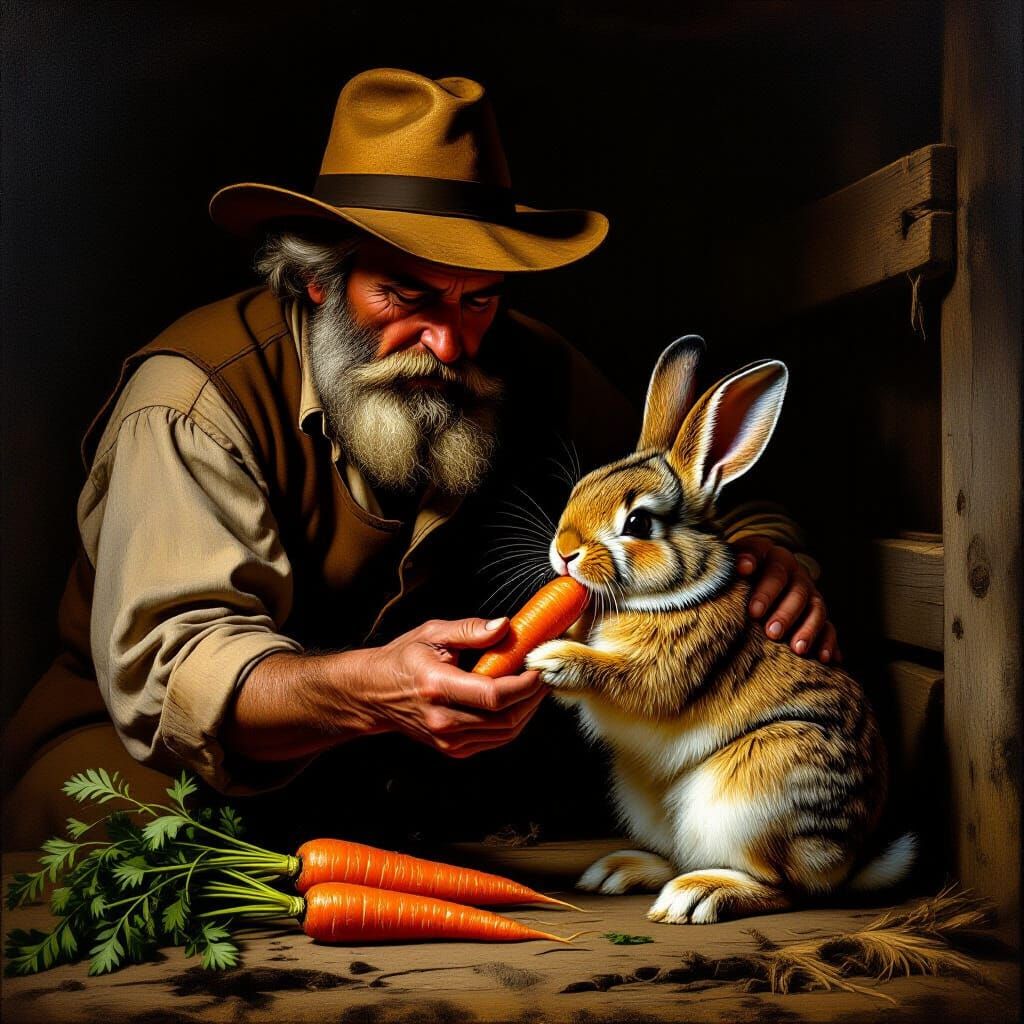 Fluffy Rabbit Takes Carrot From Farmer in Baroque Style