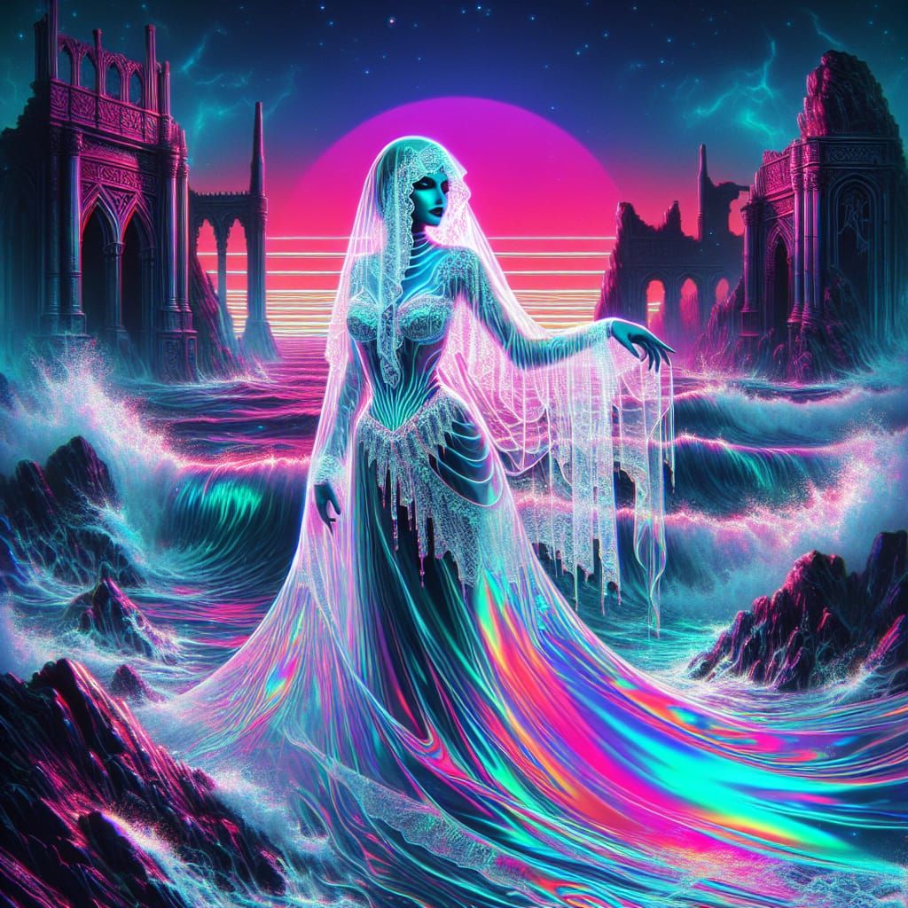 Vaporwave Gothic Vampire in Neon Sheer Brilliance