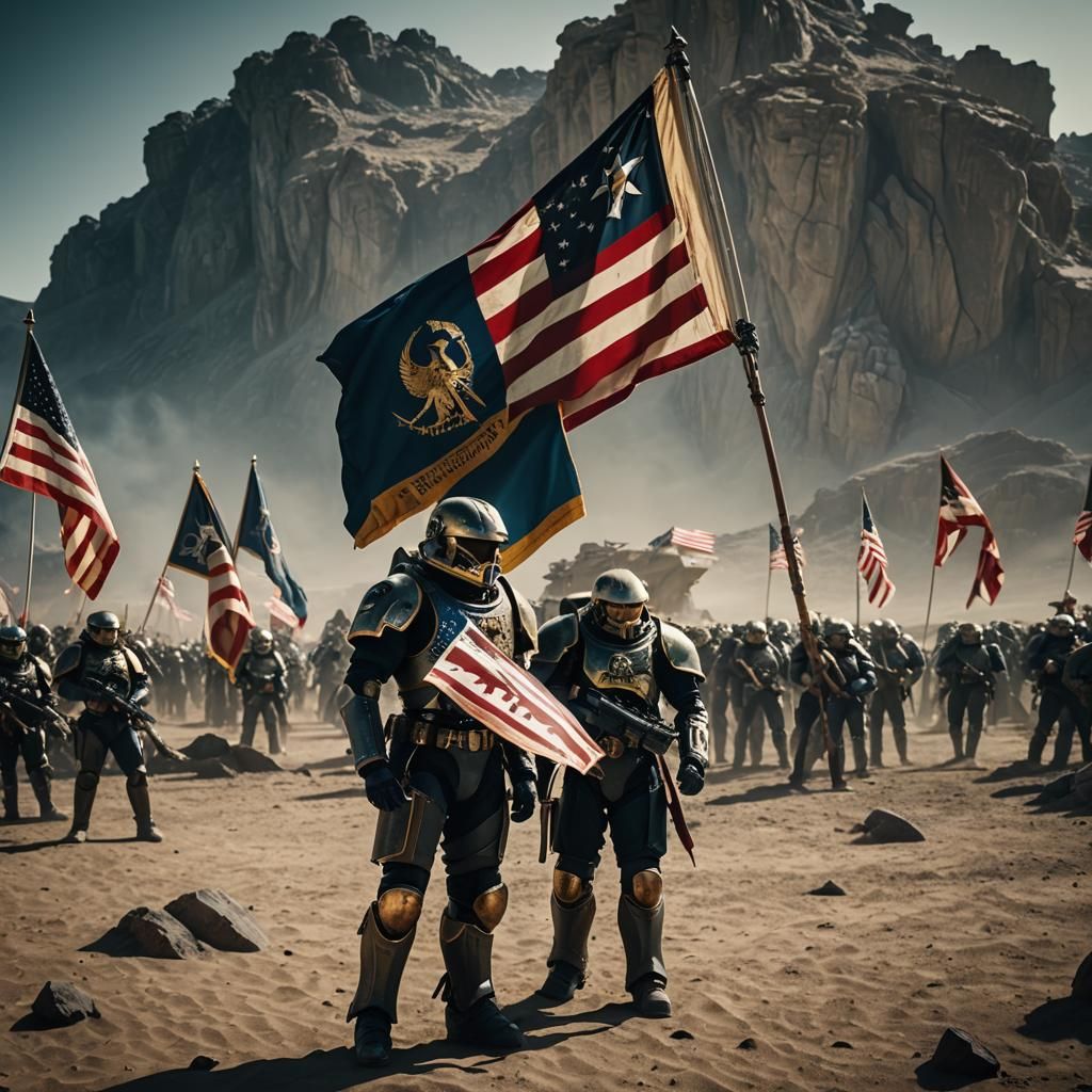 Futuristic Space Marine with Banners in Cinematic Style