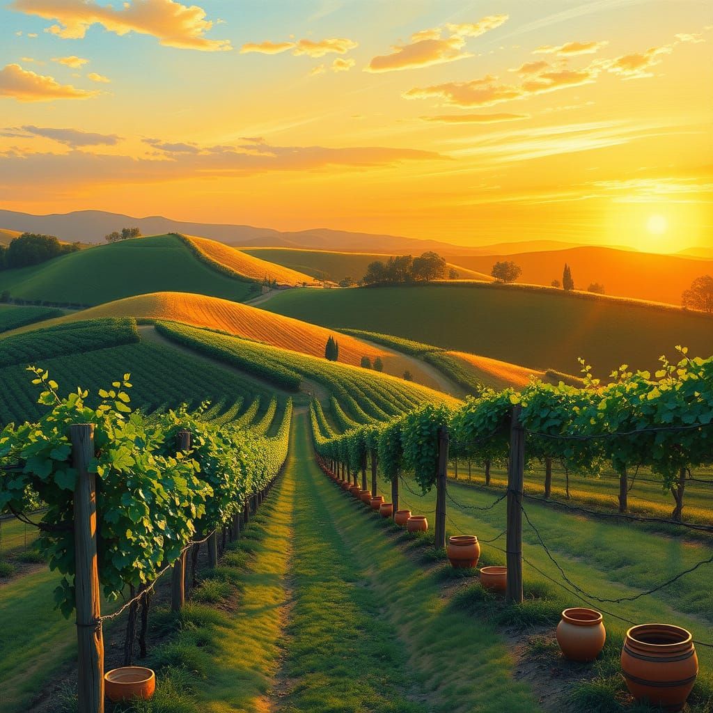 Lush Vineyard Landscape in Warm Sunset Light