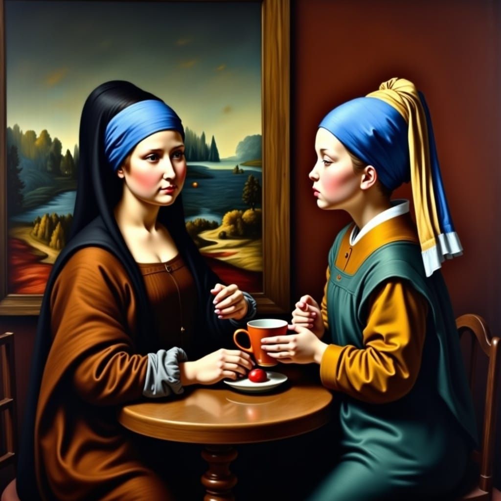 Mona Lisa and Girl with Pearl Earring Having Tea
