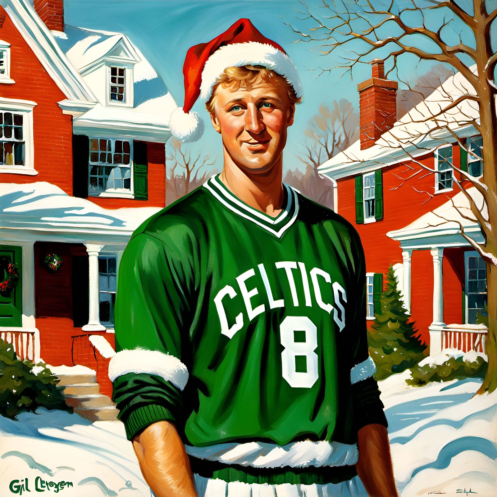 Larry Bird Christmas Portrait in Pin-Up Style