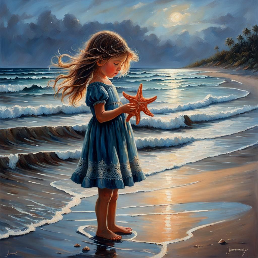 Child Holding Starfish on Beach as Oil Painting