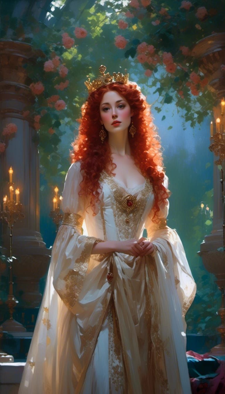 Pale Red-Haired Queen in Dreamy Victorian Vignette