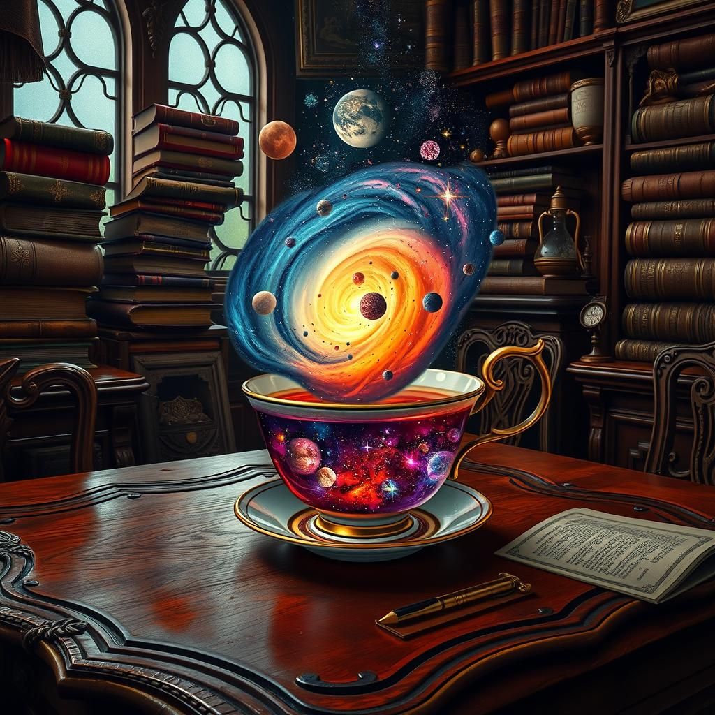 Galaxy Teacup Still Life in Surreal Style