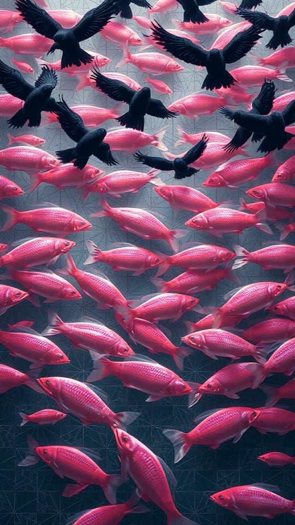 Escher-Inspired Dream: Pink Fish and Black Birds