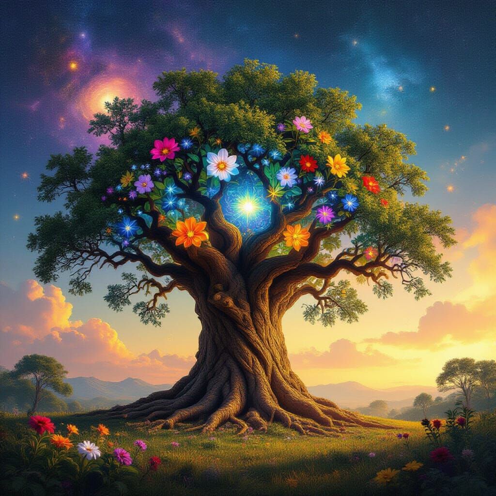 Colossal Ancient Tree of Life with Wildflowers