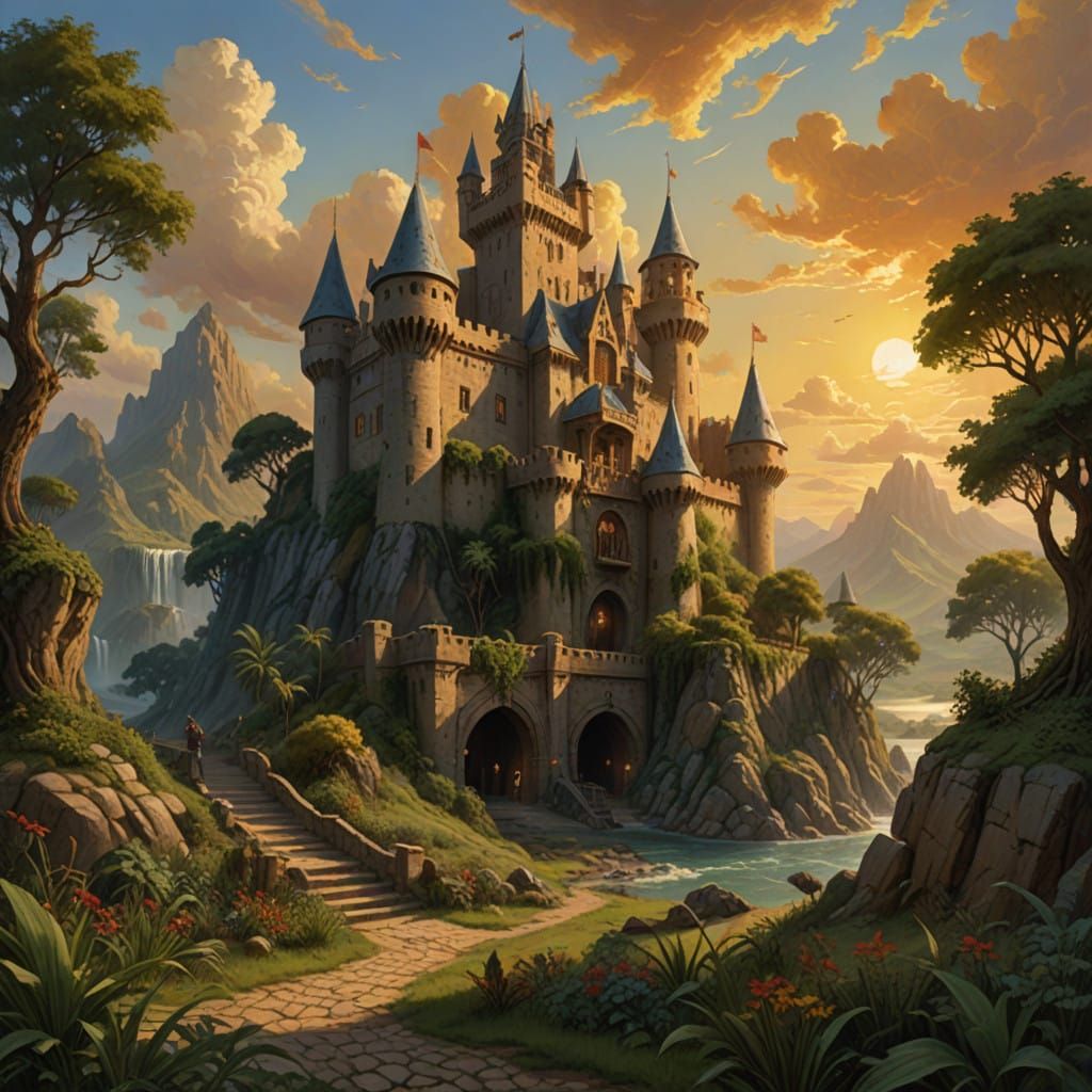 Medieval Castle Scene in Vibrant Oil Painting Style