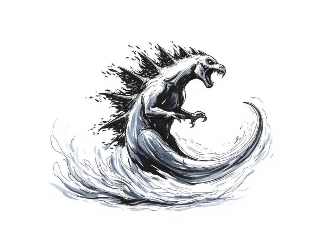 Godzilla Ink Sketch with Watercolor Motion