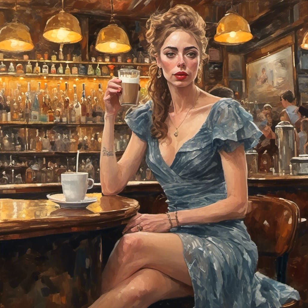 Elegant Trans Woman Enjoying Latte in Coffee Bar
