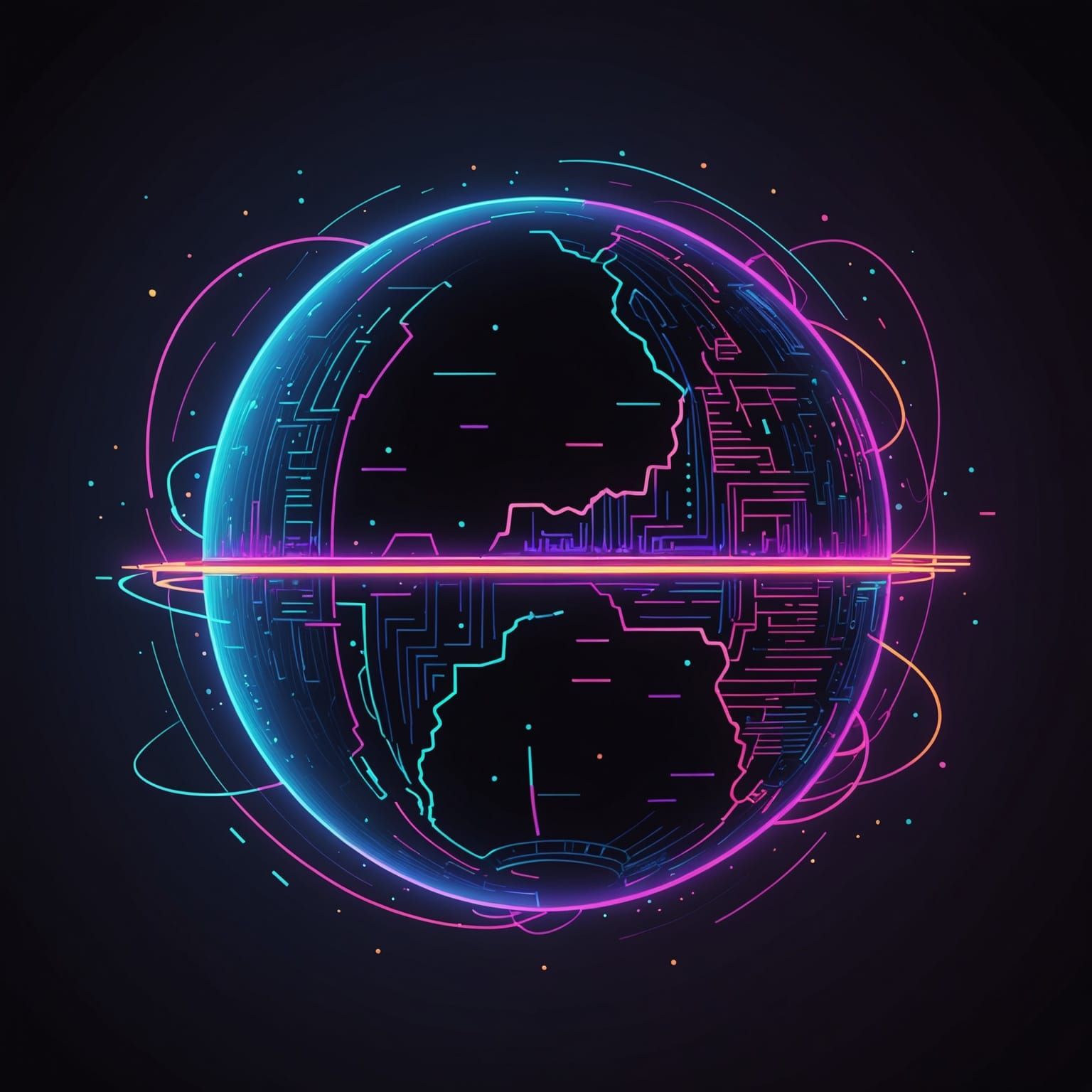 Neon Planet with Glitch Effect Line Art