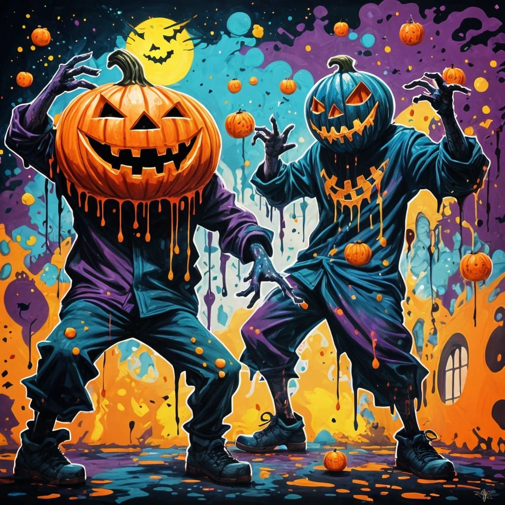 Monsters Dancing at Halloween Ball in Graffiti Style
