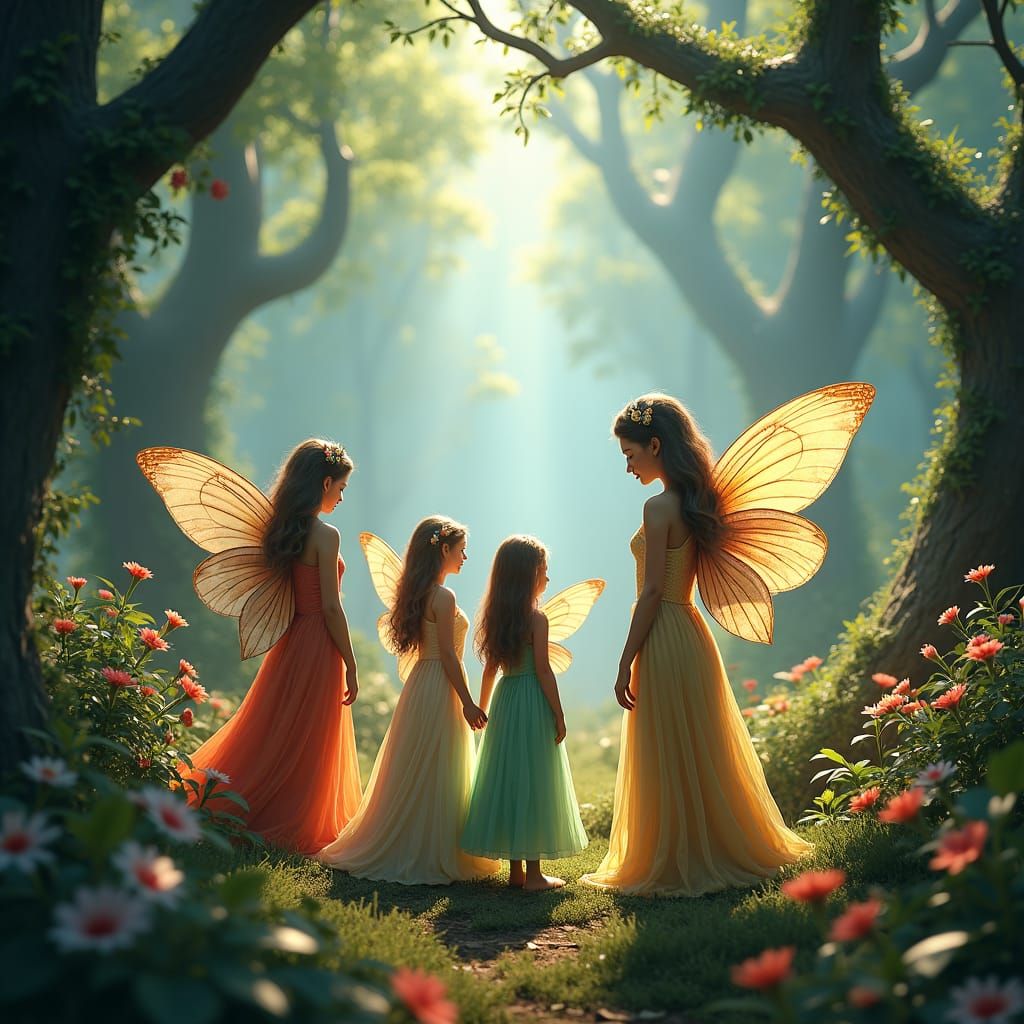 Whimsical Fairy Gathering in Lush Forest