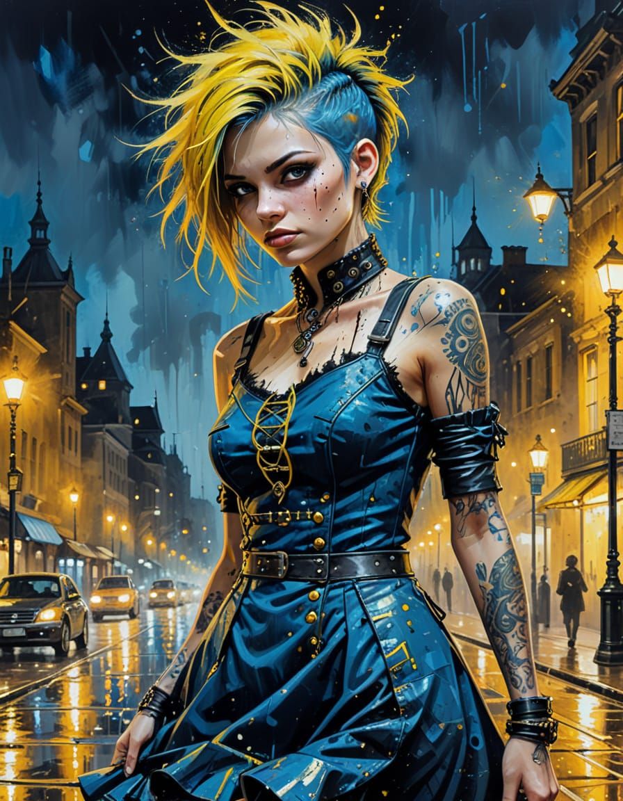 Steampunk Punk in Blue Dress Oil Painting