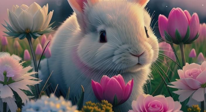 Watercolor Rabbit in Snowy Floral Meadow