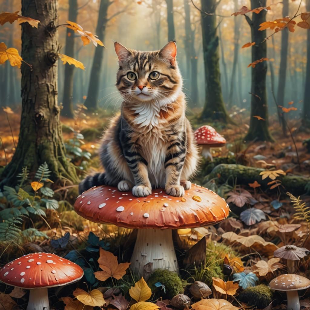 Whimsical Cat on Toadstool in Autumn Forest