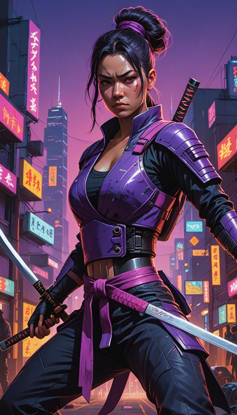 ninja warrior, double hair bun, loose strands, on her knees, katana, purple belt