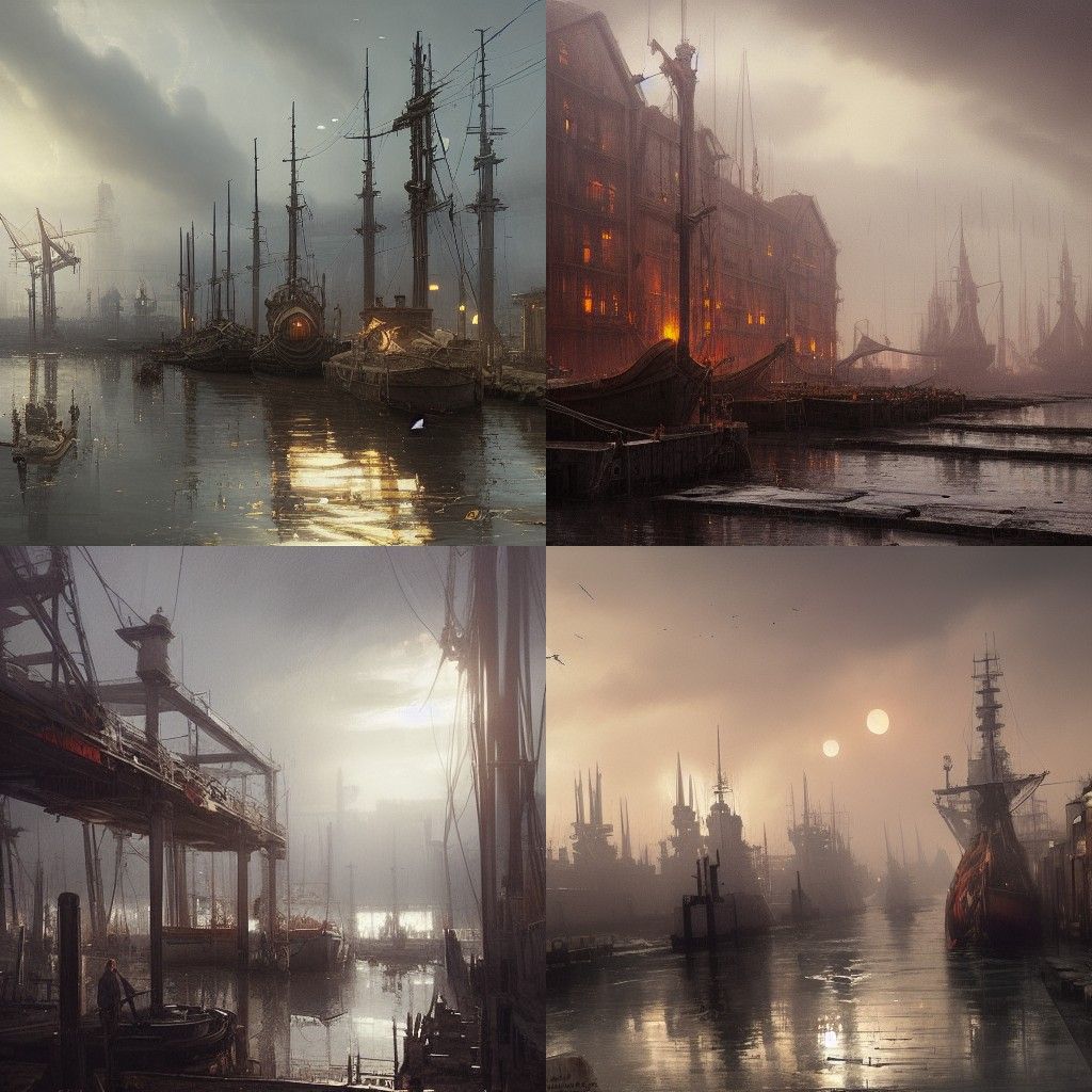 Sinister Dockyards in Daylight: Greg Rutkowski Style